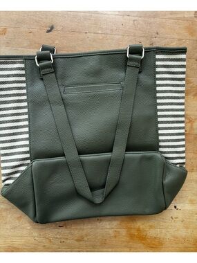 Jewell by Thirty-One Olive Green & Striped Tote Bag | Faux Leather Carryall